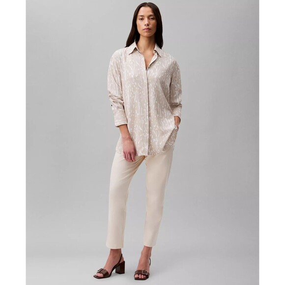 Calvin Klein Womens Flowing Printed Relaxed Fit Button-Front Shirt Cream White L - Picture 4 of 8